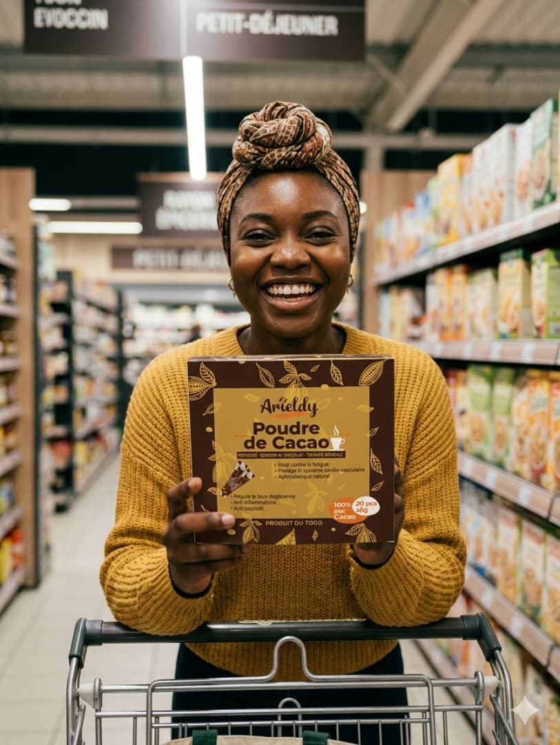 Une femme africaine souriante tient fièrement une boîte de poudre de cacao Arieldy dans un supermarché